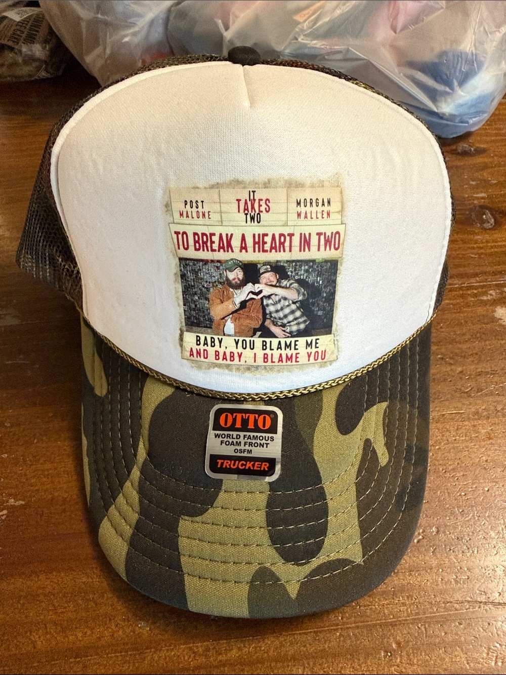 OTTO White Front Trucker Hat with Green Camo Bill